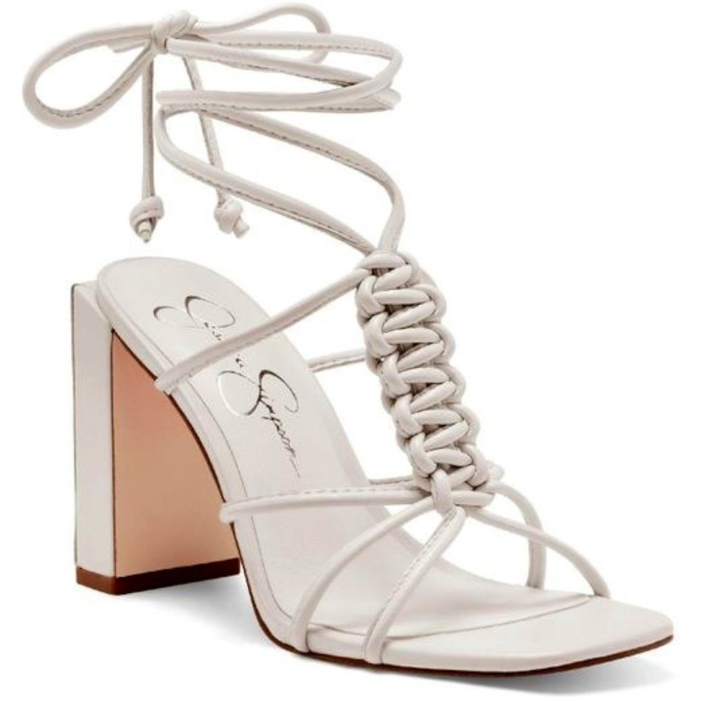 New Jessica Simpson Maena Leather Gladiator Ankle Wrap Tie Sandal White 9.5